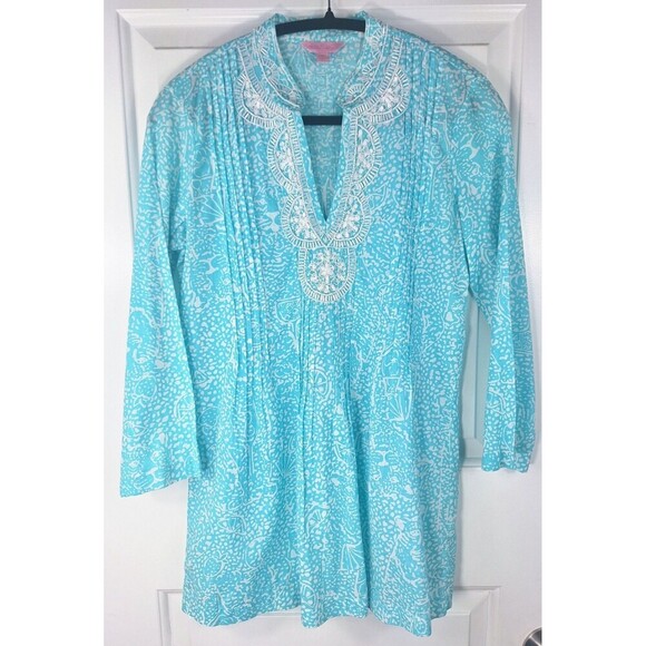 Women's Lilly Pulitzer Sarasota Tunic Aqua White Beaded Size XS - Picture 1 of 7